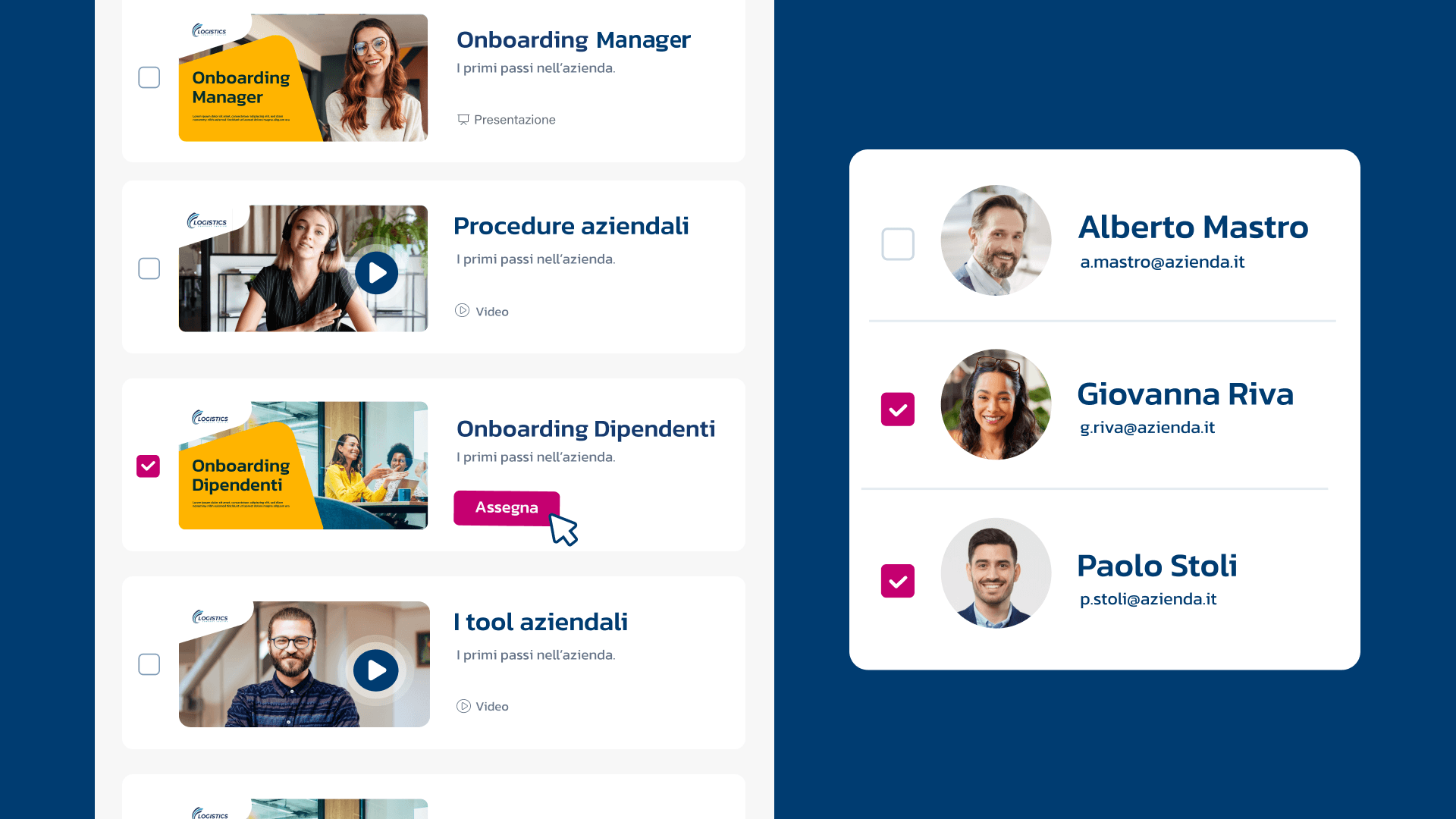 Interfaccia di una piattaforma per l'assegnazione di corsi aziendali, con elenco di video formativi e selezione di dipendenti per il corso di onboarding.