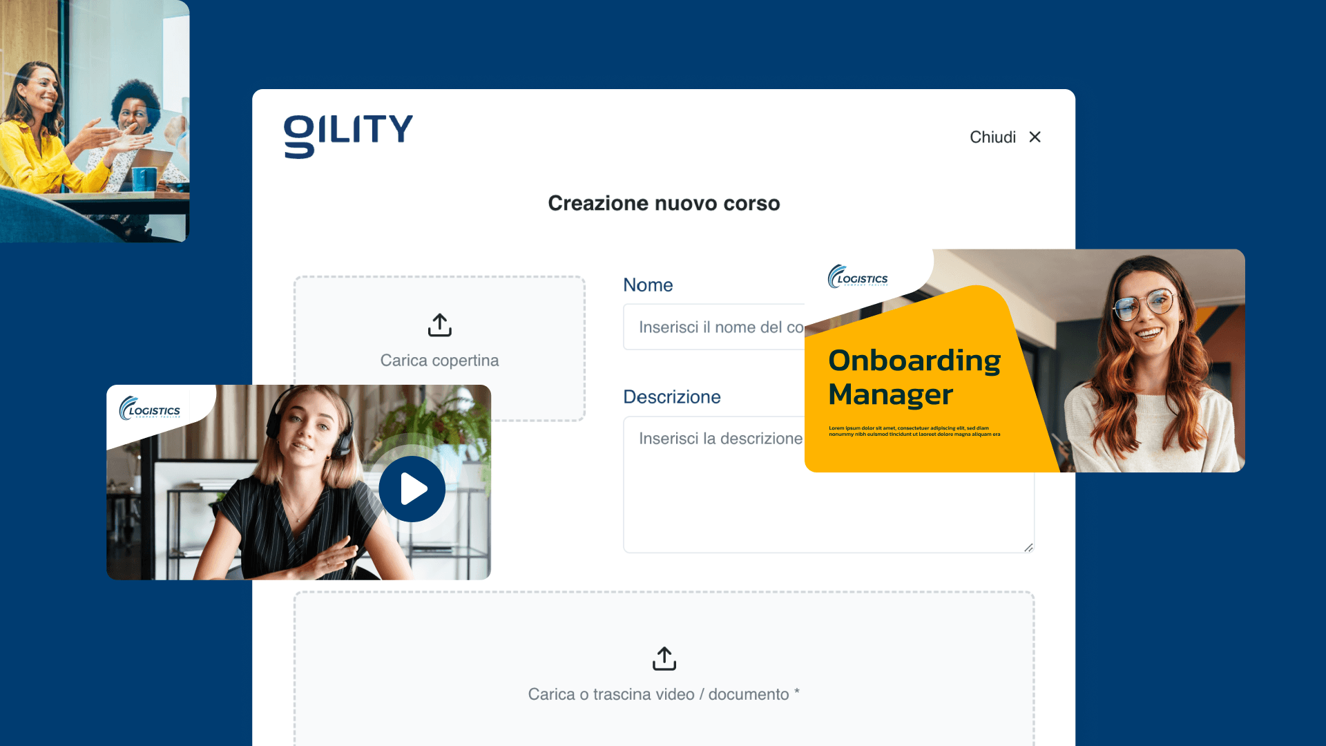 Schermata di creazione di un corso aziendale su una piattaforma, con immagini correlate a webinar, gestione dell'onboarding e interazioni tra colleghi.